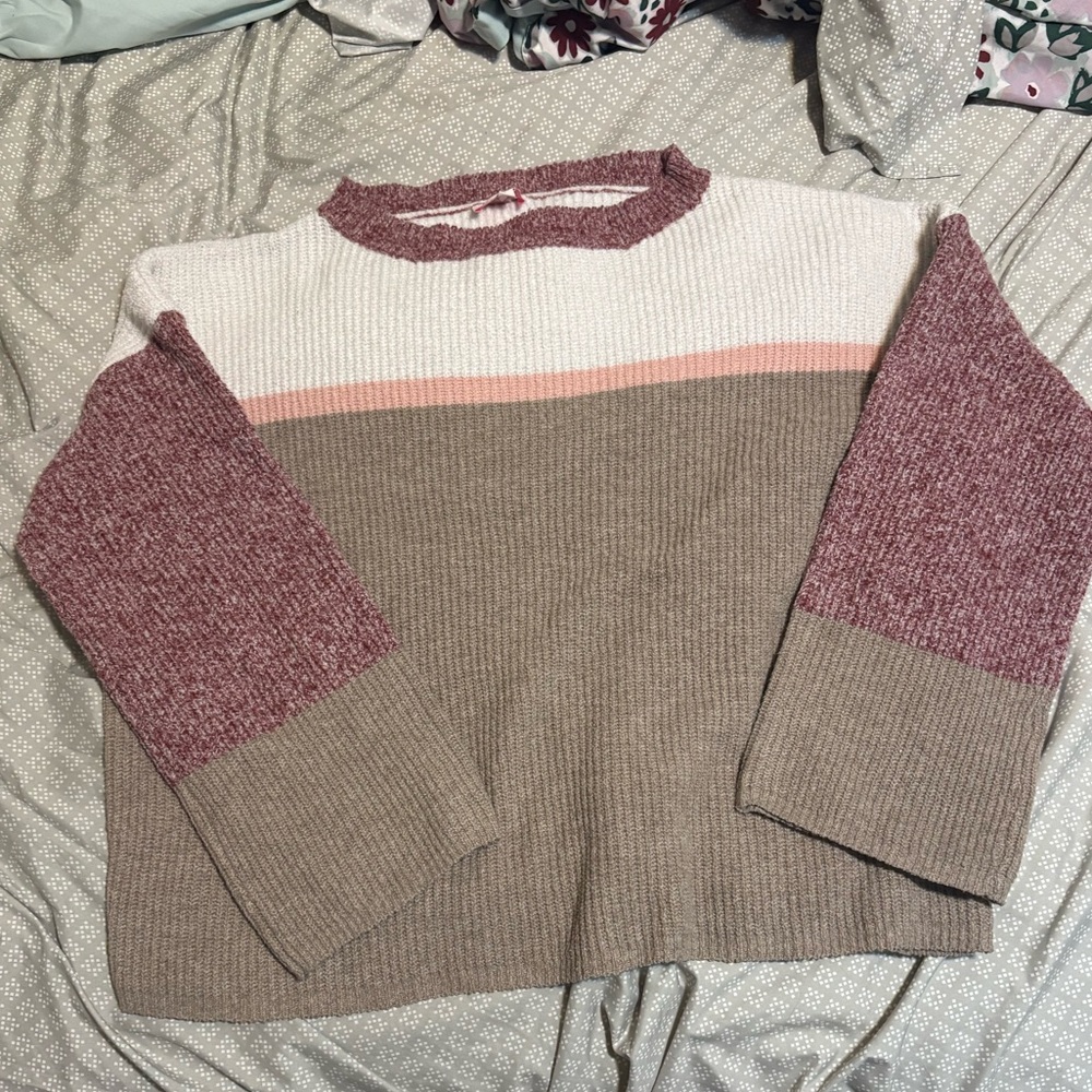 Pink Lily Colorblock Sweater in Cream, Pink, and Brown